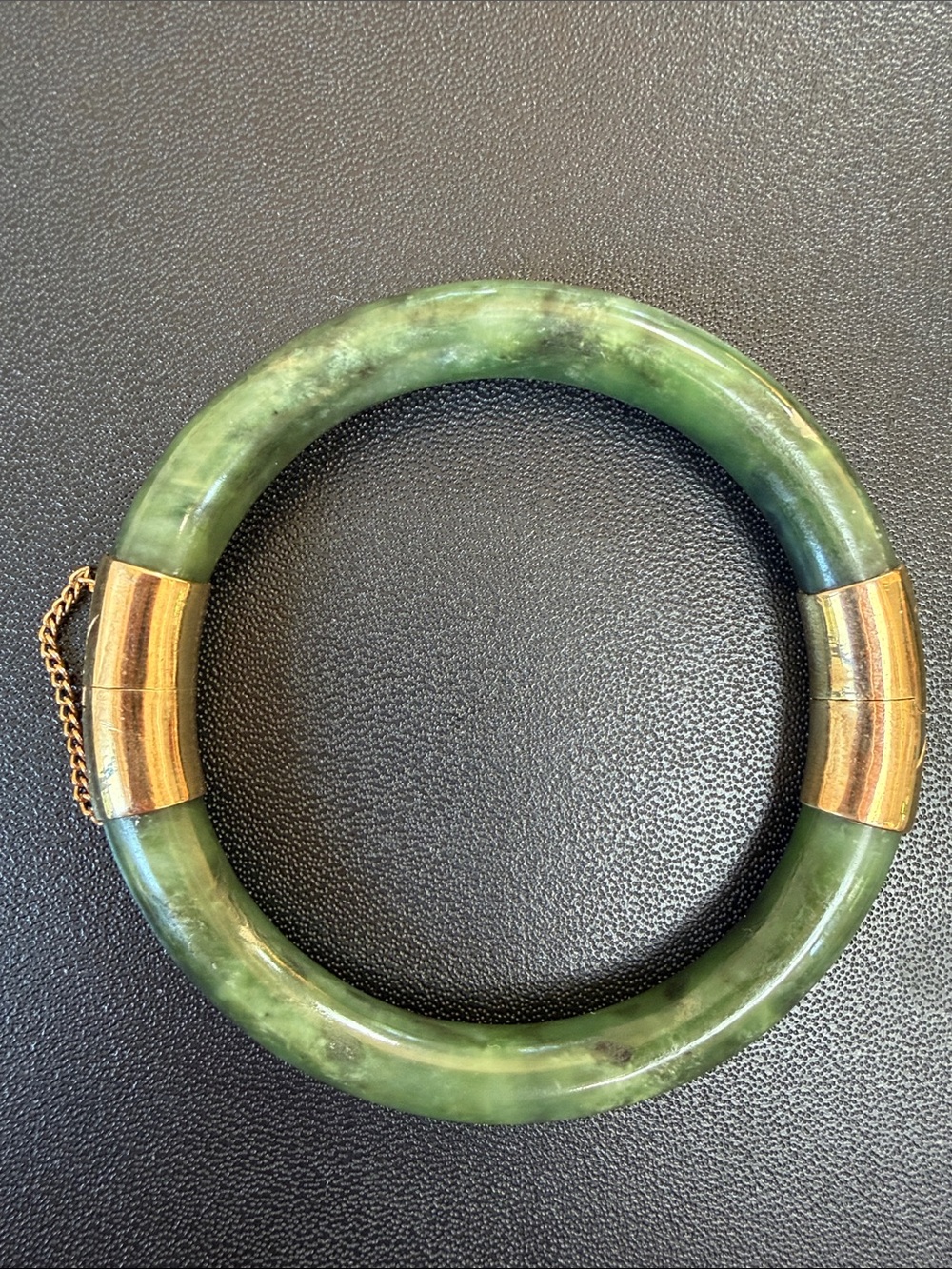 Vintage gold tone nephrite jade bangle bracelet hinged